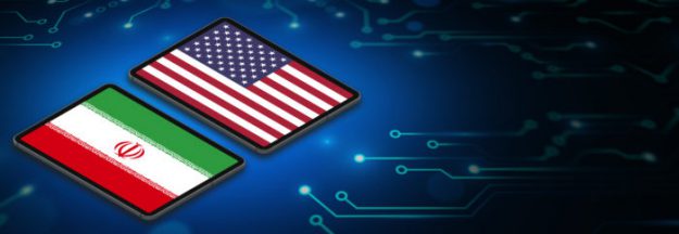 Cyber wars or allies. USA and Iran flags on technological blue background.