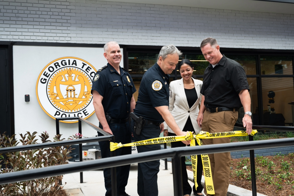 (Photo from left to right: Captain Welch, Atlanta Police Department, Zone 5; Chief Connolly, Georgia Tech Police Department; Jo Lamb, Vice President, Deputy Chief Business Officer for Georgia Tech; Marcus Neville, Director of Public Safety and Operations, Midtown Alliance)